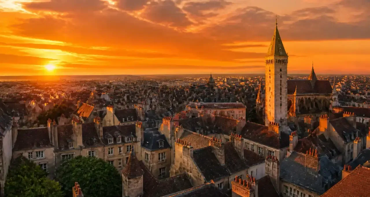 Vue aérienne du centre historique de Dijon au coucher du soleil