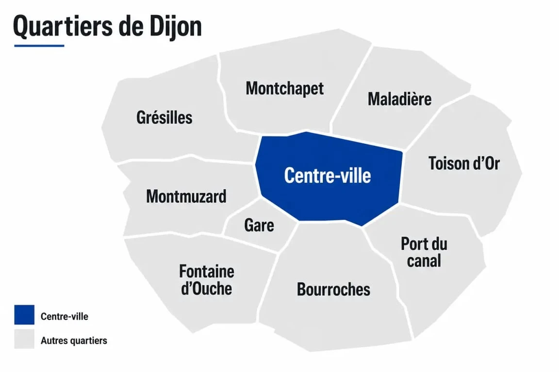 Carte des quartiers Dijon avec Centre-ville, Gare, Montchapet, Maladière, Toison d’Or, Montmuzard, Port du canal, Fontaine d’Ouche, Bourroches et Grésilles