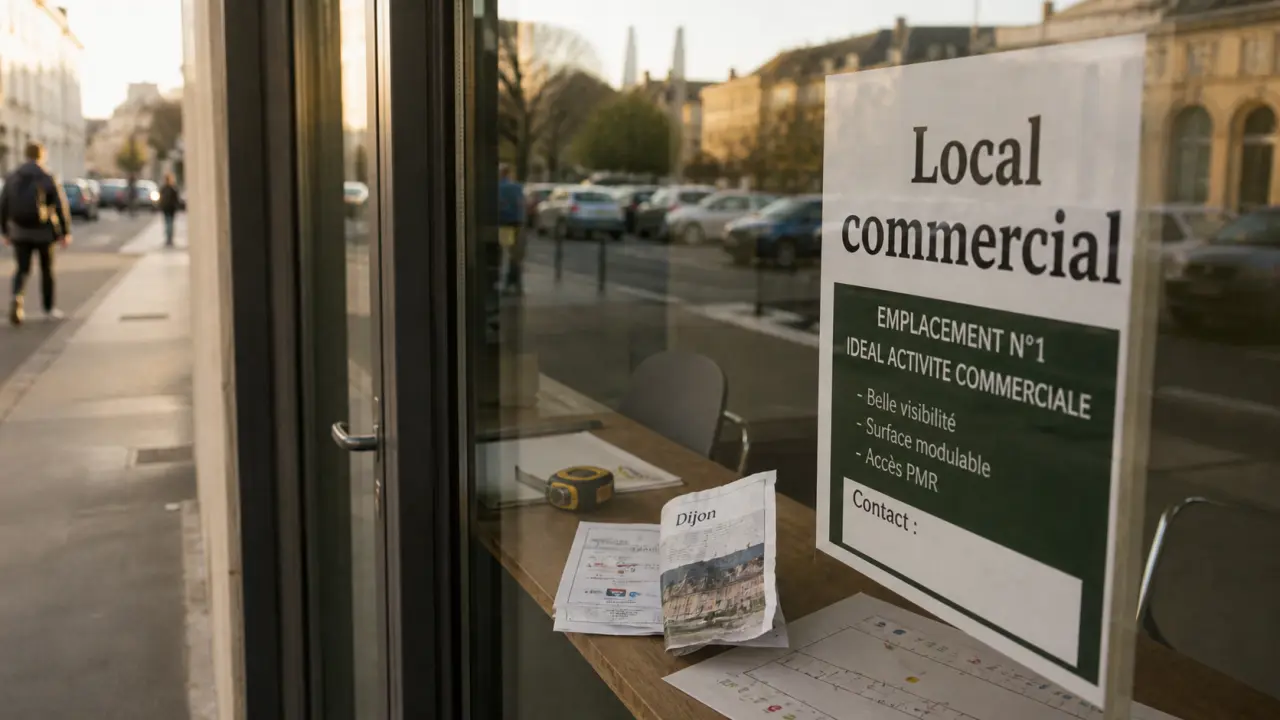 Local commercial dijon : vitrine et panneau devant la porte