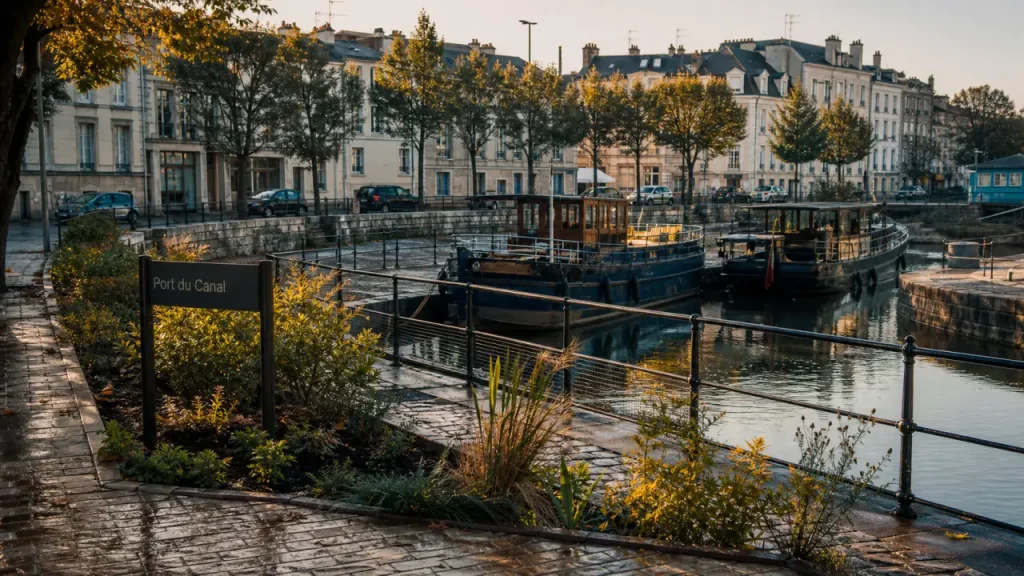 Port du canal dijon : berges, chemin, péniches amarrées