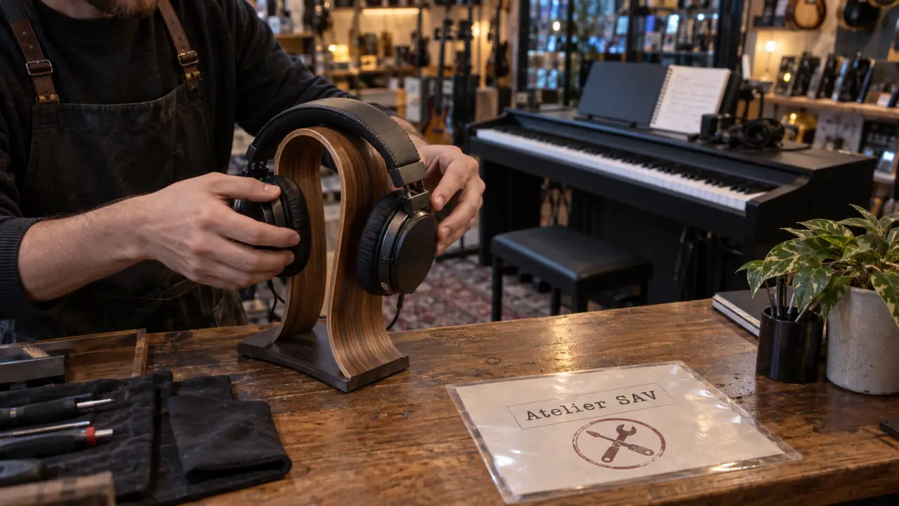 La clé de sol Dijon : conseiller ajuste un casque audio pour instruments en atelier